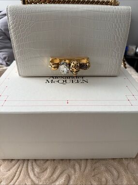 Alexander McQueen White Croc-Embossed Jewel-Embellished Chain Shoulder Bag